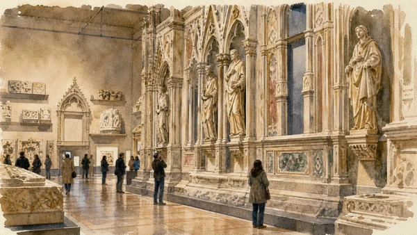 Original documentary watercolour of the reconstructed medieval façade and sculpture galleries in the Opera del Duomo Museum