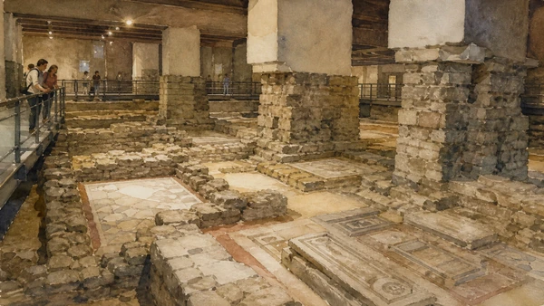 Original documentary watercolour of archaeological walls, mosaic floors and later cathedral piers in Santa Reparata