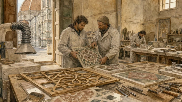 Original documentary watercolour of cathedral stonemasons and conservators working on patterned marble panels in the Opera workshop