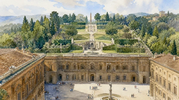Original documentary watercolour of Boboli's amphitheatre rising behind Pitti Palace