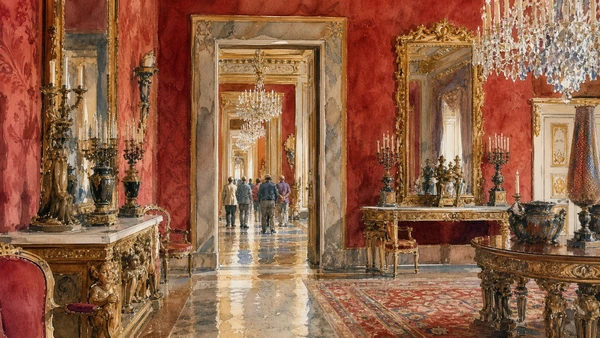 Original documentary watercolour of layered furnishings in the Royal Apartments