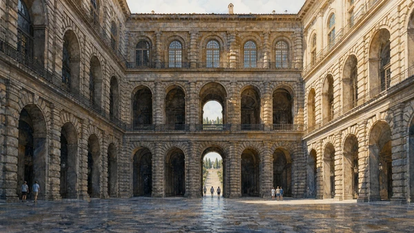 Original documentary watercolour of Ammannati's courtyard aligned with the Boboli hill