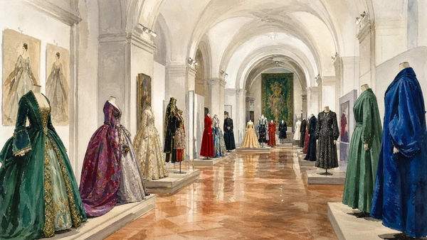 Original documentary watercolour of historic garments in the Costume and Fashion Museum
