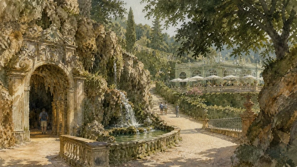 Original documentary watercolour linking Buontalenti's Grotto with Boboli's hilltop Kaffeehaus