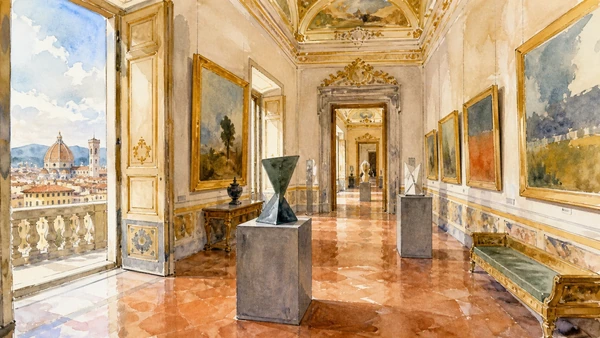 Original documentary watercolour of nineteenth-century paintings inside the Gallery of Modern Art