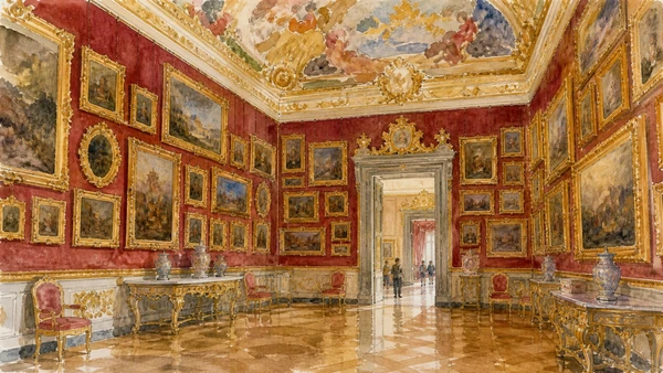 Original documentary watercolour of a densely hung Palatine Gallery reception room