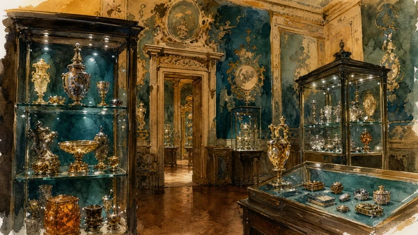 Original documentary watercolour of hardstone, crystal and jewellery displays in the Treasury