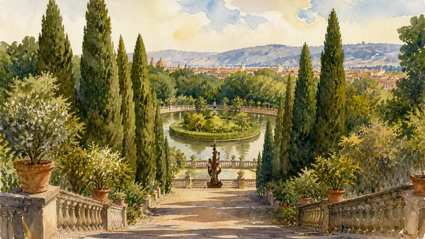 Original documentary watercolour of the Viottolone descending to Boboli's Isolotto