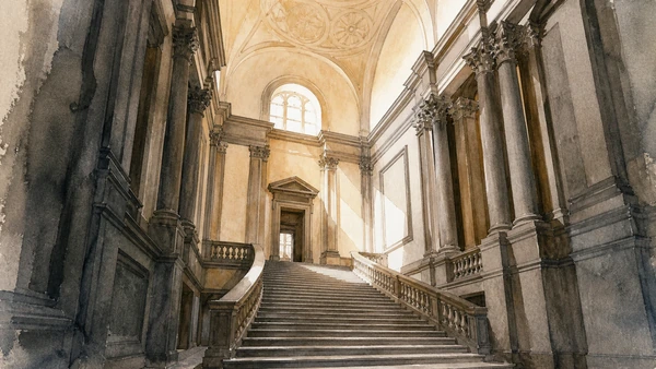 Original documentary watercolour of the Laurentian Library vestibule and monumental staircase