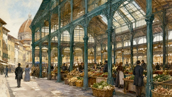 Original documentary watercolour of Mercato Centrale's iron-and-glass hall and food stalls