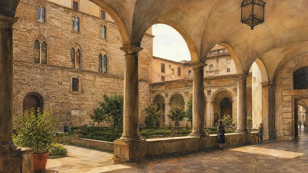 Original documentary watercolour of the courtyard and garden at Palazzo Medici Riccardi