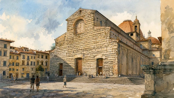 Original documentary watercolour of Piazza San Lorenzo and the basilica's unfinished façade