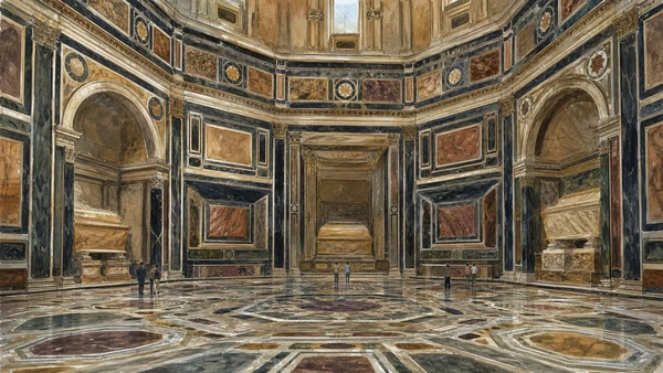 Original documentary watercolour of the Chapel of the Princes and its hardstone interior