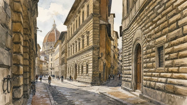 Original documentary watercolour of Via Larga, rusticated palaces and the Casa Martelli approach