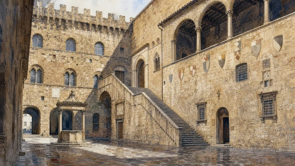 Original documentary watercolour of the Bargello courtyard, stair and heraldic walls