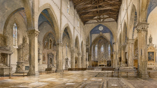 Original documentary watercolour of Santa Croce's timber-roofed nave