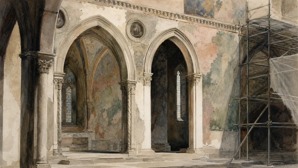 Original documentary watercolour of the Bardi and Peruzzi chapel openings with discreet conservation scaffolding