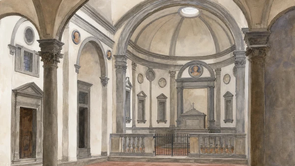 Original documentary watercolour of the Pazzi Chapel's proportional pietra serena interior