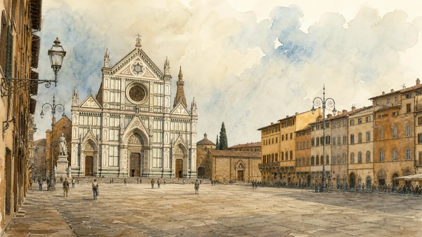 Original documentary watercolour of Piazza Santa Croce before crowds