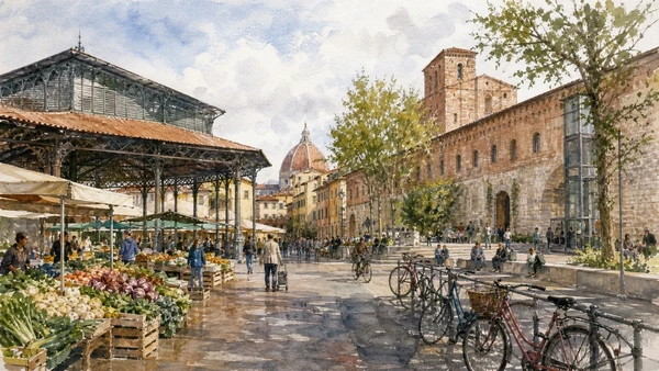 Original documentary watercolour of Sant'Ambrogio market and the reused Murate complex