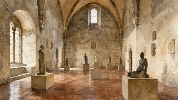 Original documentary watercolour of a Bargello sculpture hall using non-specific silhouettes