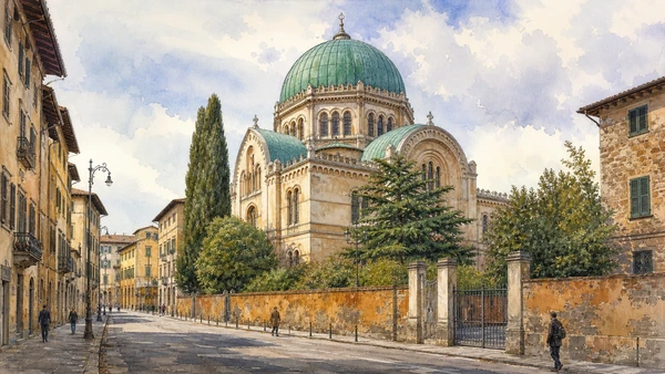 Original documentary watercolour of the Florence Synagogue and its green dome