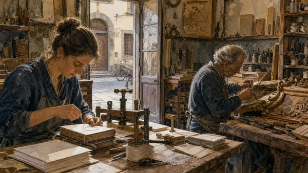 Original documentary watercolour of bookbinding and wood-restoration work inside an Oltrarno workshop