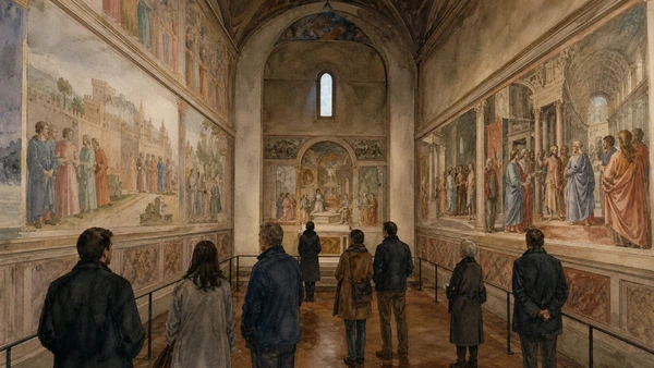 Original documentary watercolour of a small timed group inside the Brancacci Chapel