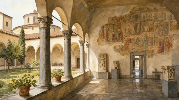 Original documentary watercolour joining Santo Spirito's cloister and former refectory museum