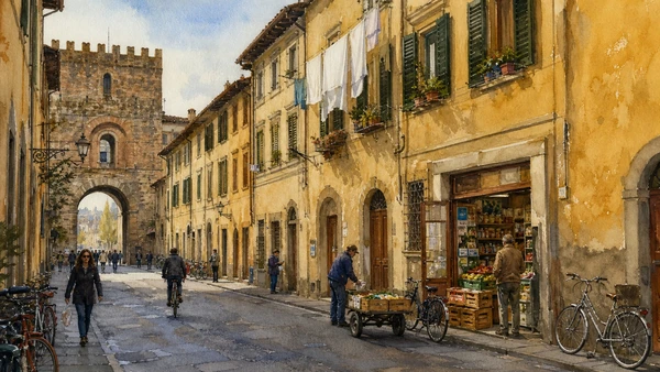 Original documentary watercolour of a working San Frediano street near the historic gate