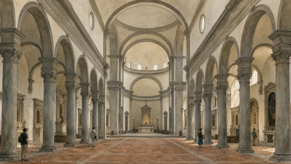 Original documentary watercolour of the measured nave and perimeter chapels of Santo Spirito