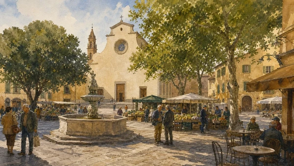 Original documentary watercolour of morning market life in Piazza Santo Spirito