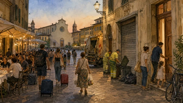 Original documentary watercolour of evening tourism and residential life sharing Santo Spirito streets
