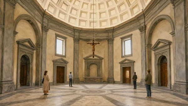Original documentary watercolour of Santo Spirito's octagonal sacristy and wooden Crucifix