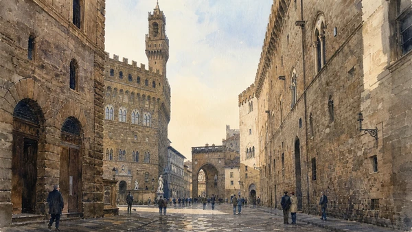 Original documentary watercolour of the narrow medieval civic streets between Palazzo Vecchio and the Bargello
