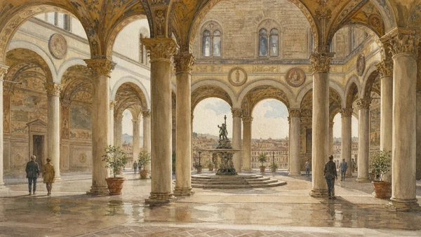 Original documentary watercolour of Michelozzo's decorated courtyard inside Palazzo Vecchio