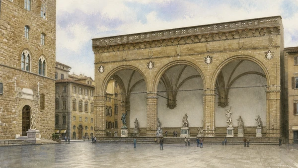 Original documentary watercolour architectural view of the three arches of the Loggia dei Lanzi