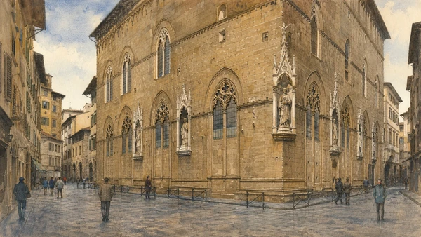 Original documentary watercolour of Orsanmichele's former grain-market exterior and guild tabernacles
