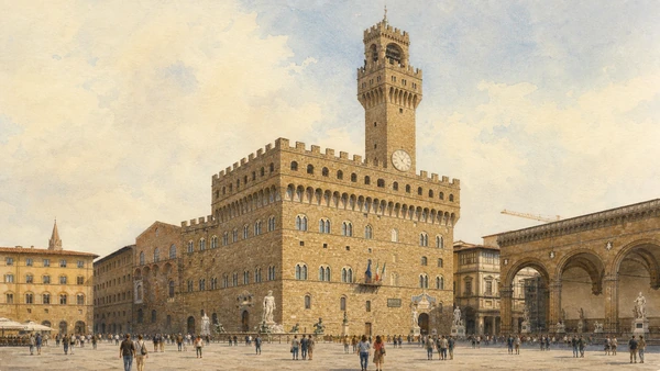 Original documentary watercolour of Palazzo Vecchio's rusticated exterior and Arnolfo tower