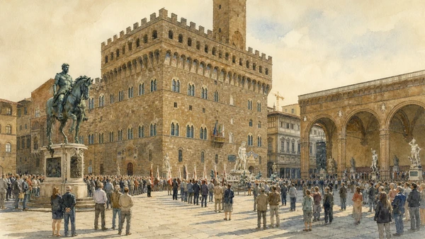 Original documentary watercolour of Piazza della Signoria as a contemporary civic gathering space