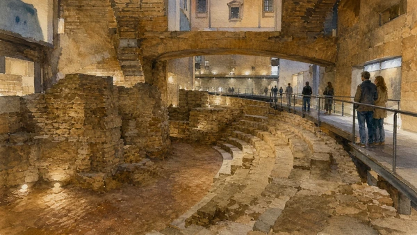 Original documentary watercolour of the fragmentary Roman theatre route beneath Palazzo Vecchio