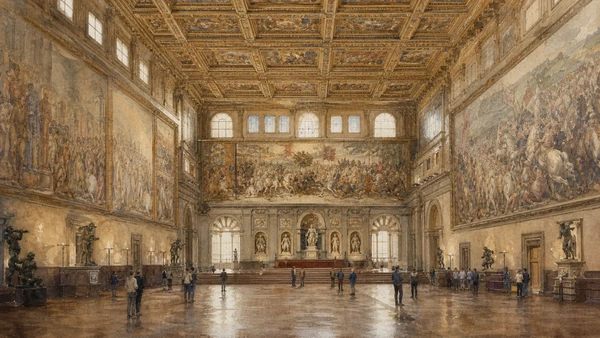 Original documentary watercolour of the Salone dei Cinquecento and its coffered ceiling