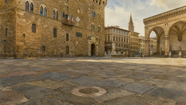 Original documentary watercolour of the calm pavement memorial in Piazza della Signoria