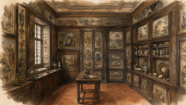 Original documentary watercolour of the dense painted cabinets in Francesco I's Studiolo