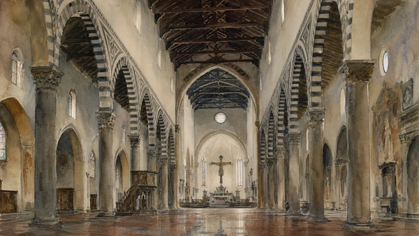 Original documentary watercolour of the Santa Maria Novella nave and striped arcades