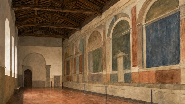 Original documentary watercolour of the closed Ognissanti refectory and abstract painted loggia