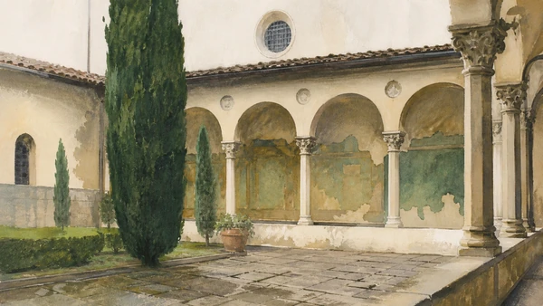 Original documentary watercolour of the Green Cloister and aged green mural surfaces
