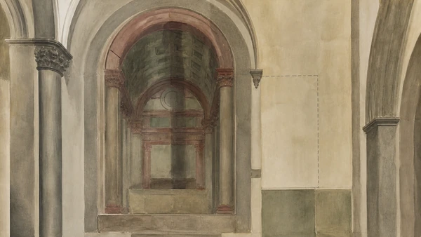 Original documentary watercolour study of the architectural perspective at Masaccio's Trinity location