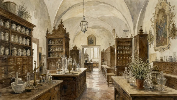 Original documentary watercolour of historic pharmacy rooms with cabinets and glass vessels