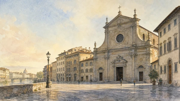 Original documentary watercolour of Ognissanti church and its Arno-side piazza
